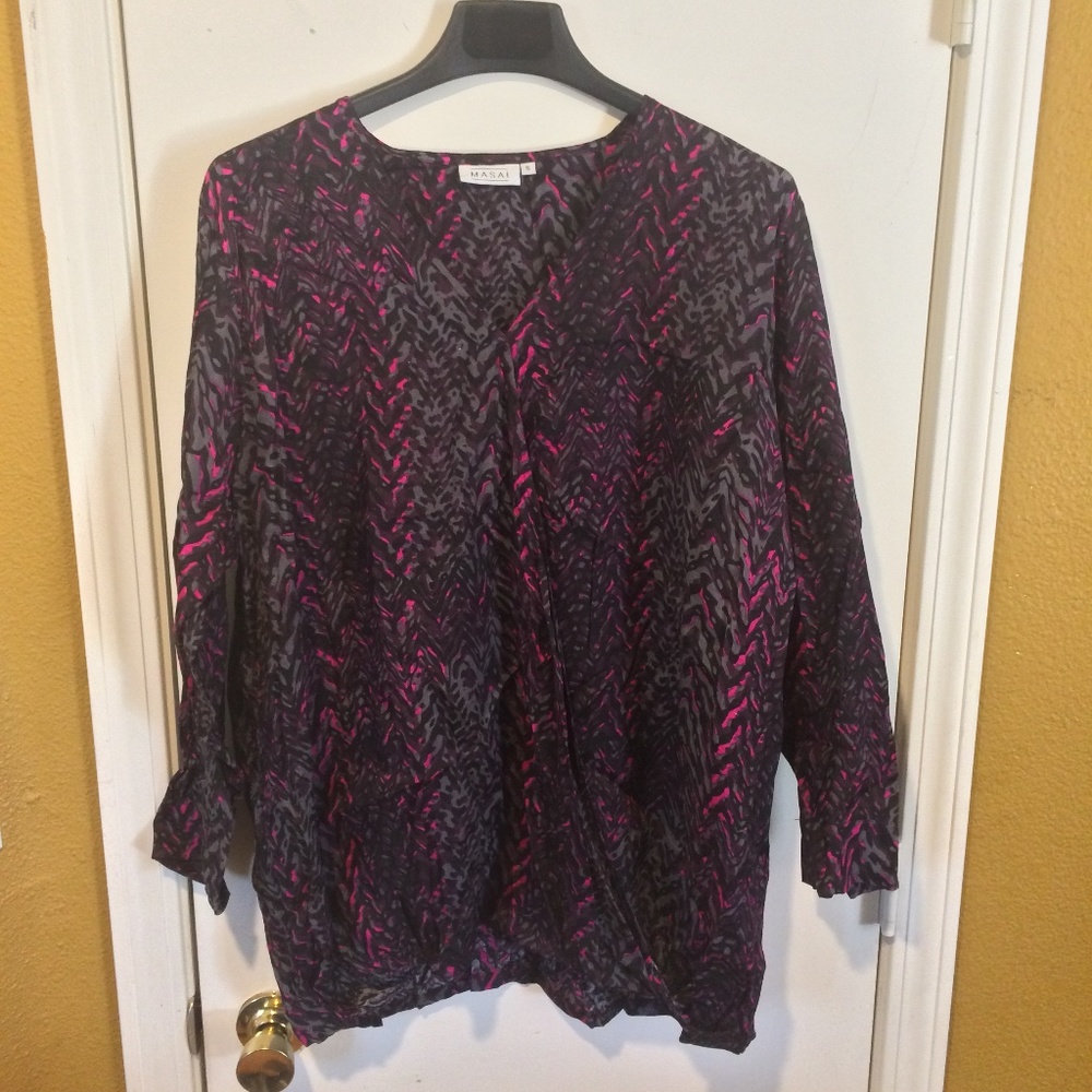 NEW Masai women's S silky abstract long sleeve crossover v-neck top NWD wrinkled